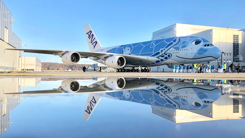 ANA Flying Honu Airbus A380 reflection